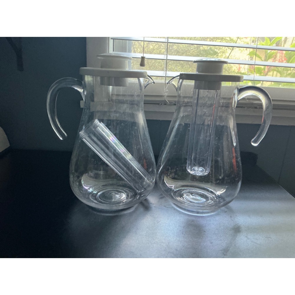 Set of 2 Clear Acrylic Infusion Pitchers with Ice Fruit Inserts and White Lids